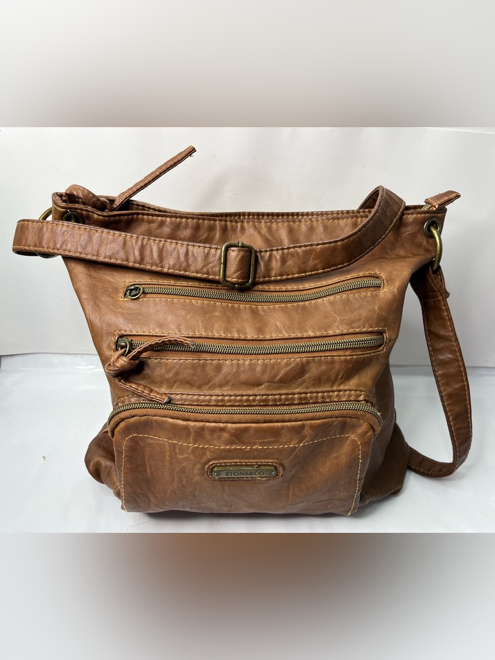 Stone & Co. Tan Leather Messenger Bag with Brass Accents